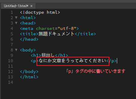 pタグの中身にテキストを書いていきます。
